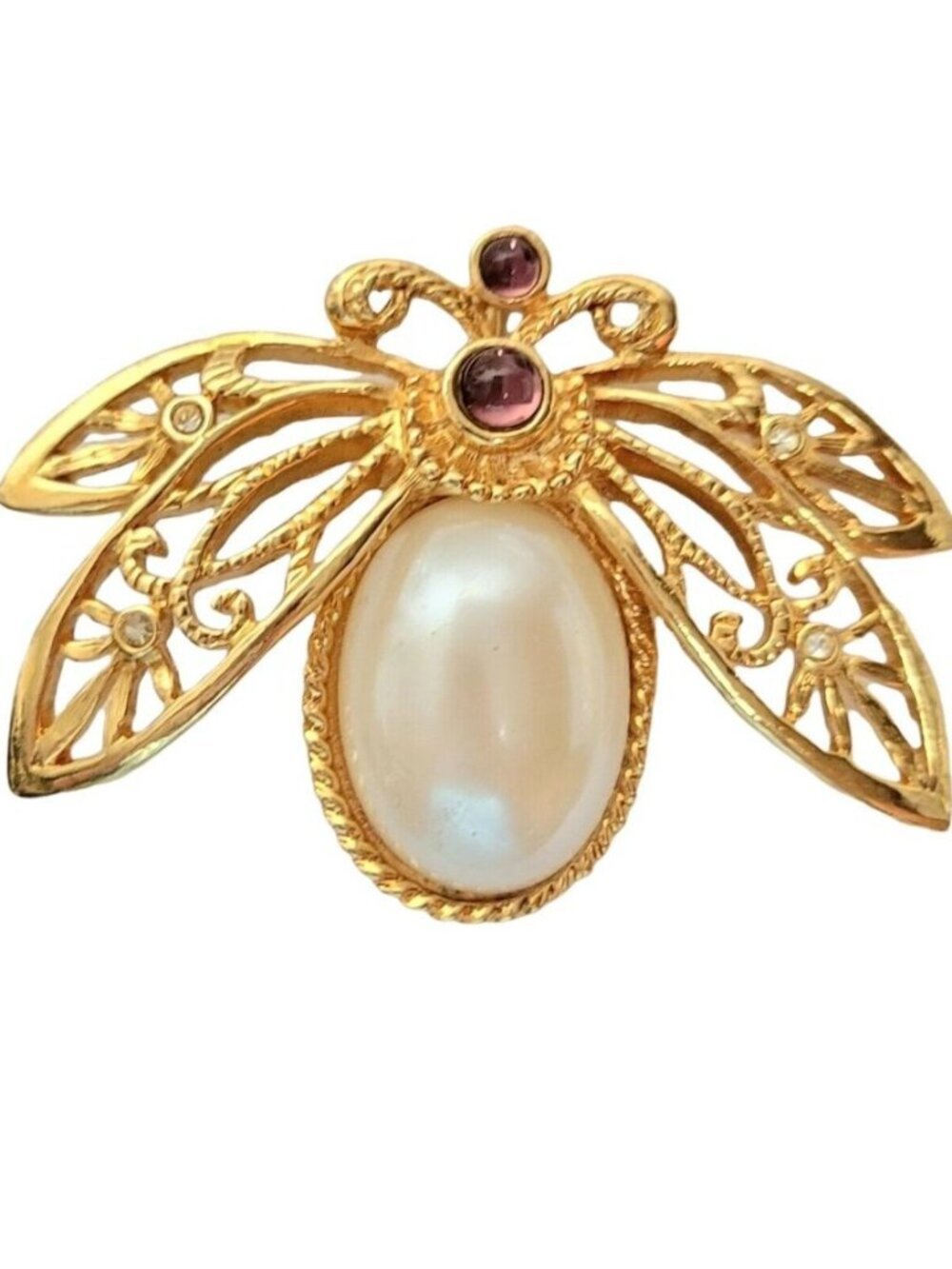 Avon Vintage Gold Tone Faux Pearl "Nature's Flight" Jelly Bee Bug Pin Brooch